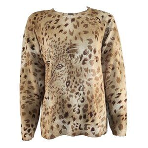 Alfred Dunner Sweater Womens Size M Medium Ramie Wool Leopard Animal Print Tan‎